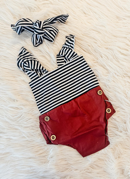 Wine Sailor Button Romper RTS