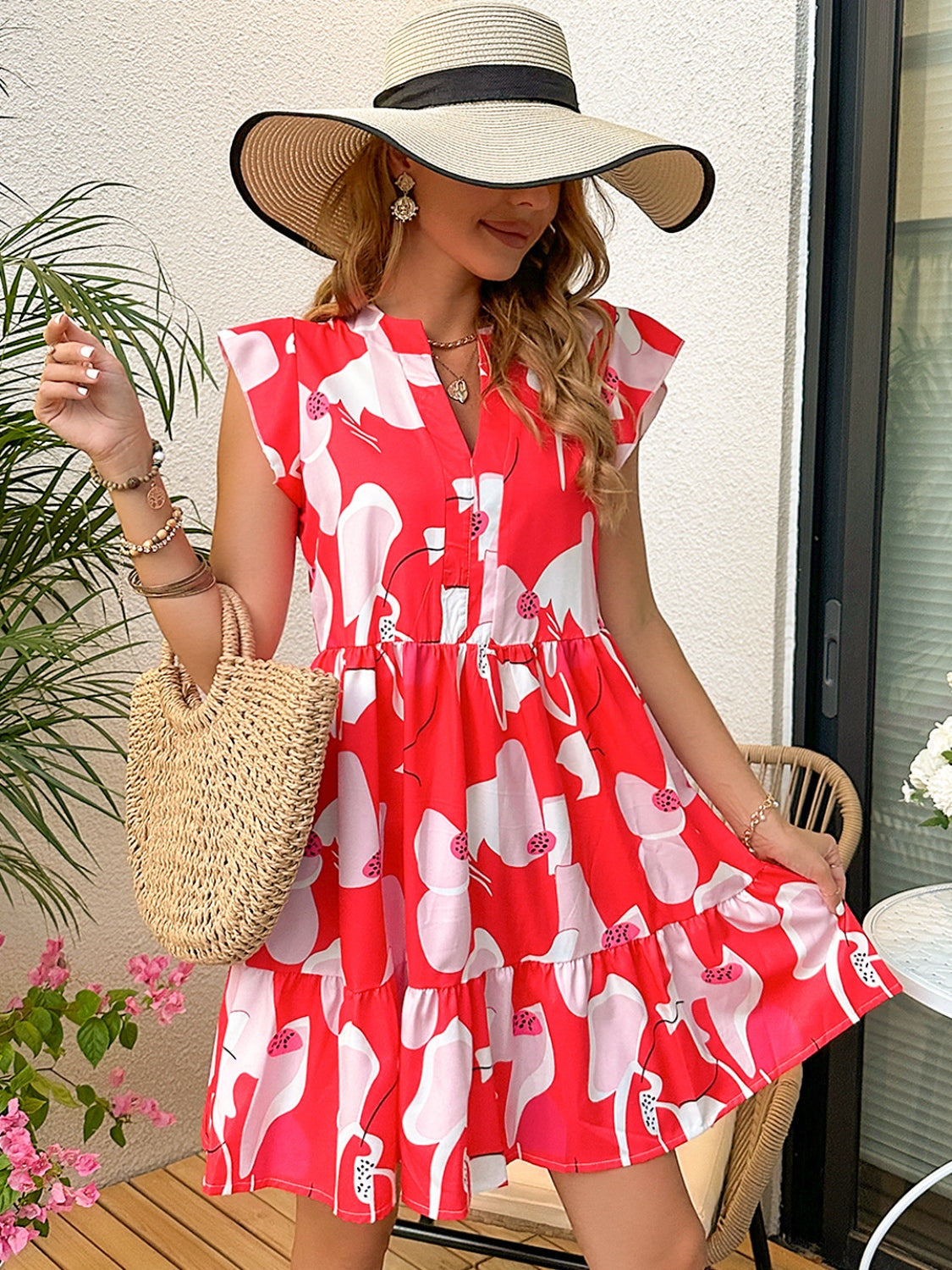 Printed Notched Cap Sleeve Dress