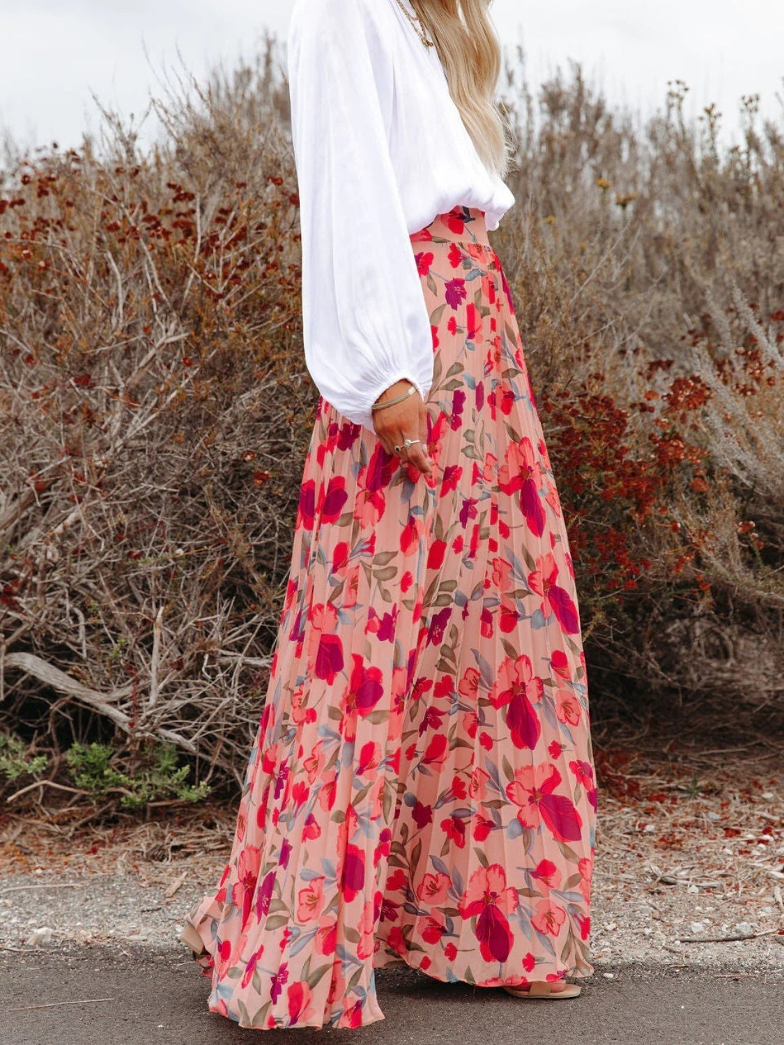 Printed Elastic Waist Pleated Maxi Skirt