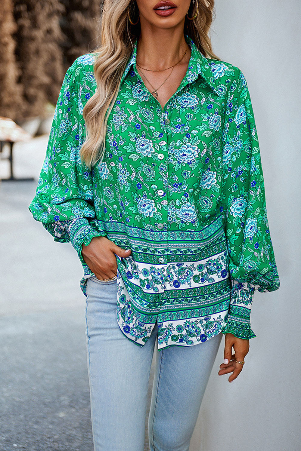 Printed Collared Neck Smocked Lantern Sleeve Shirt