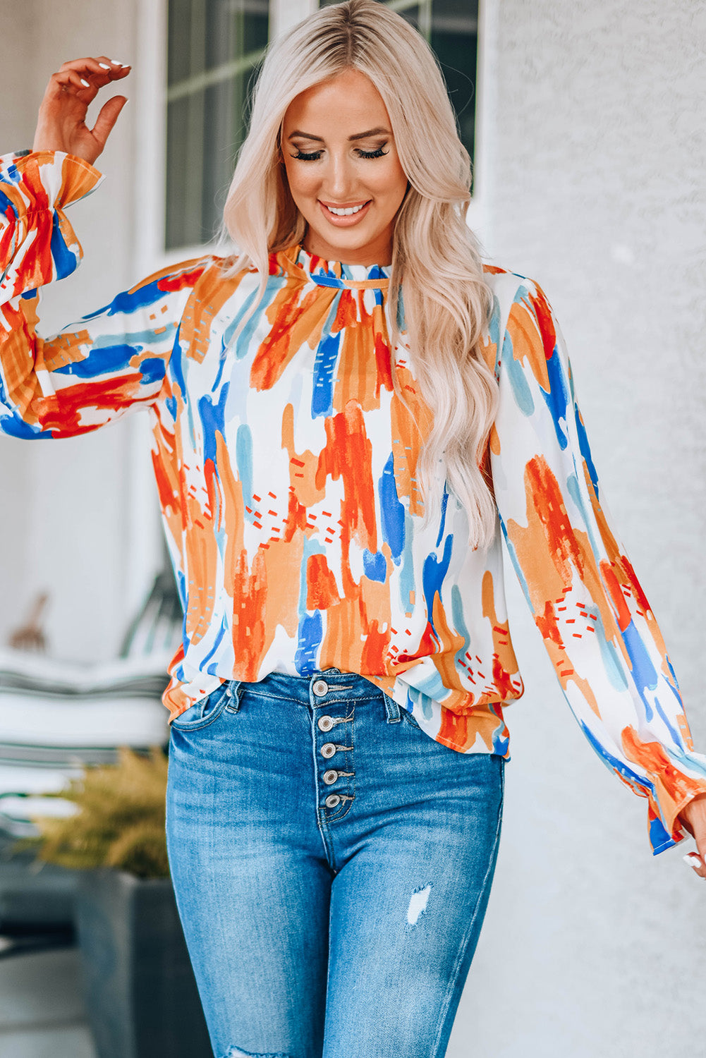 Paint Print Ruffle Collar Flounce Sleeve Top