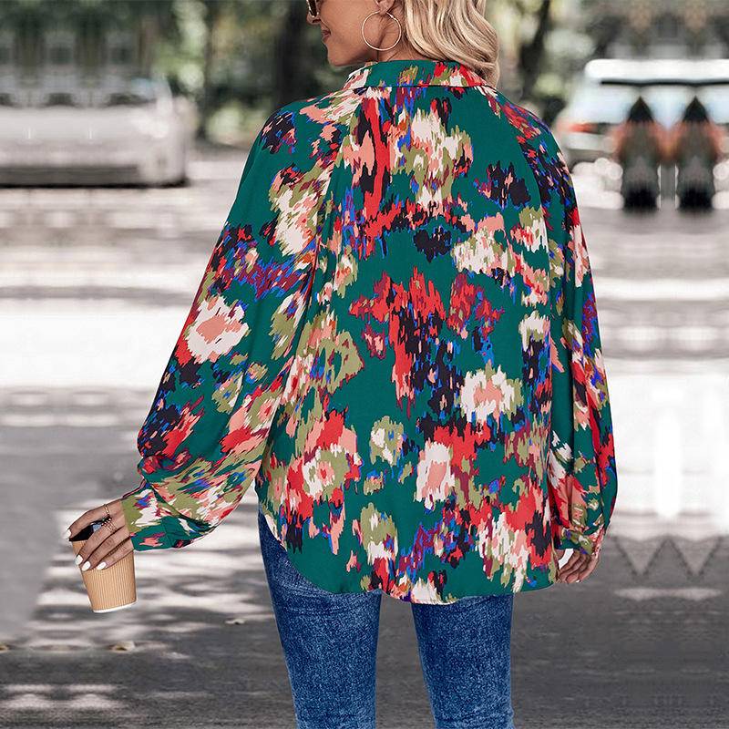 Abstract Print Notched Neck Balloon Sleeve Blouse