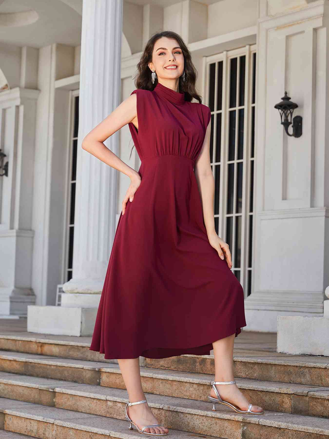 Ruched Mock Neck Cap Sleeve Midi Dress