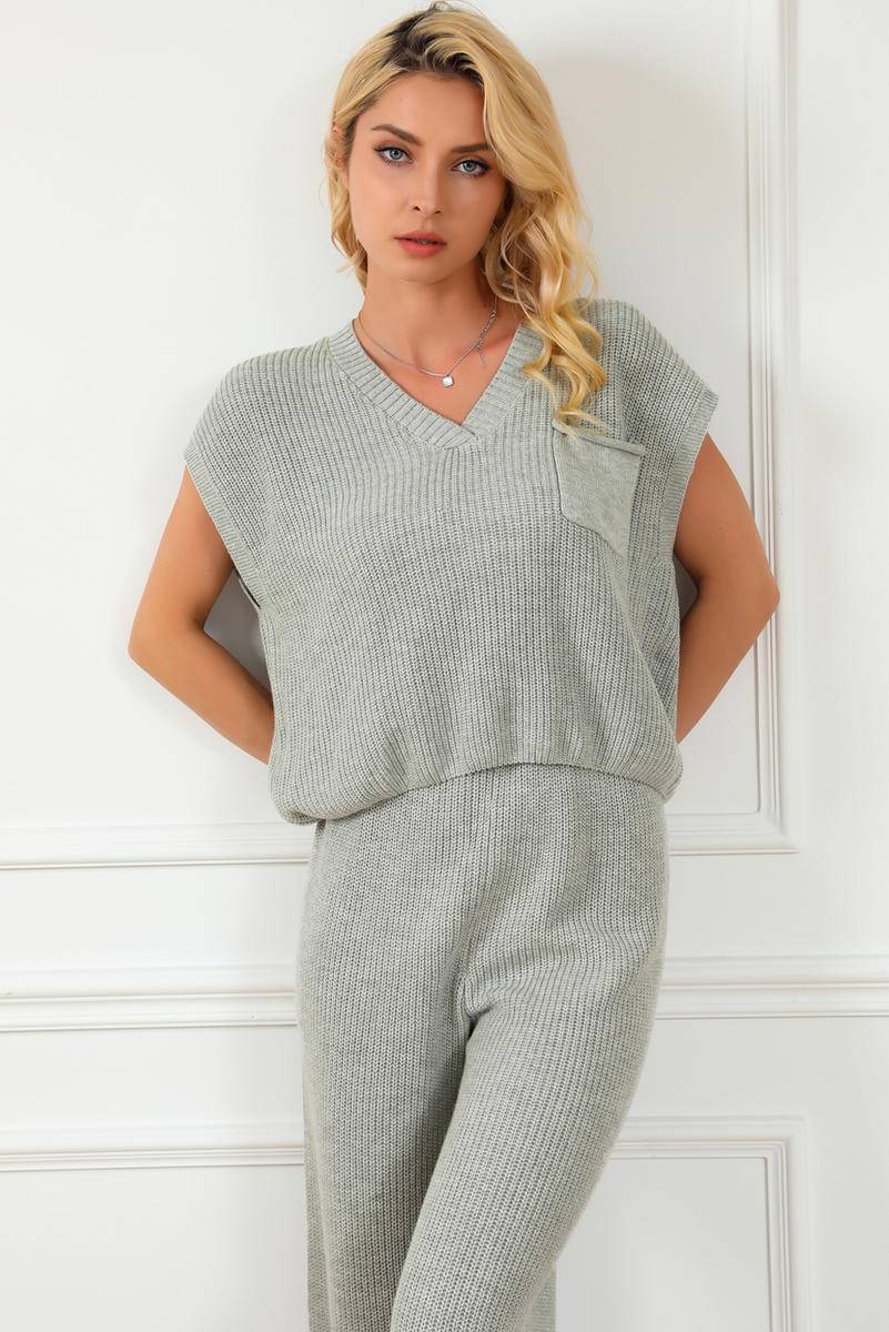 Knitted V Neck Sweater And Casual Pants Set (Without Belt)