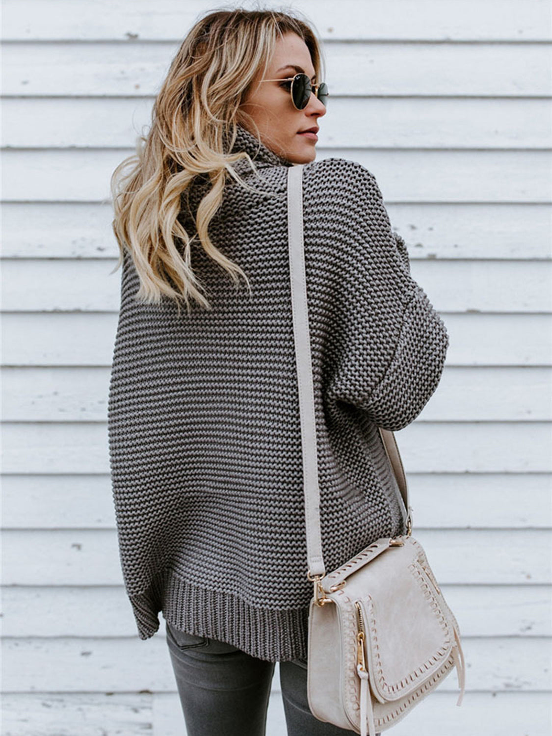 Turtleneck Dropped Shoulder Slit Sweater