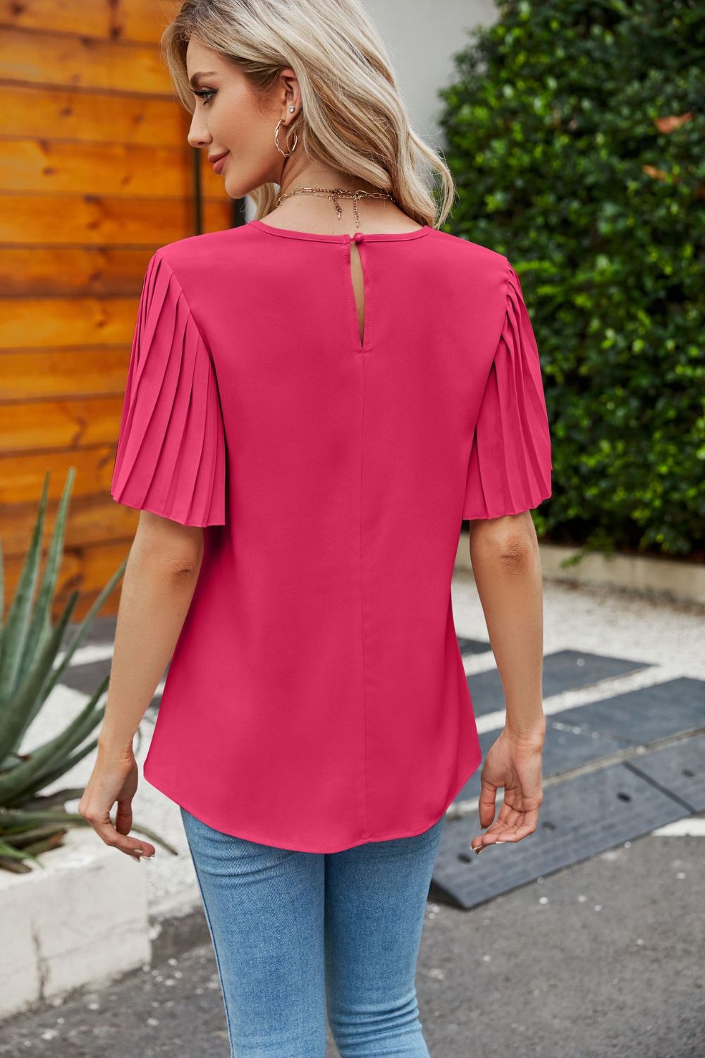 Pleated Flutter Sleeve Round Neck Blouse