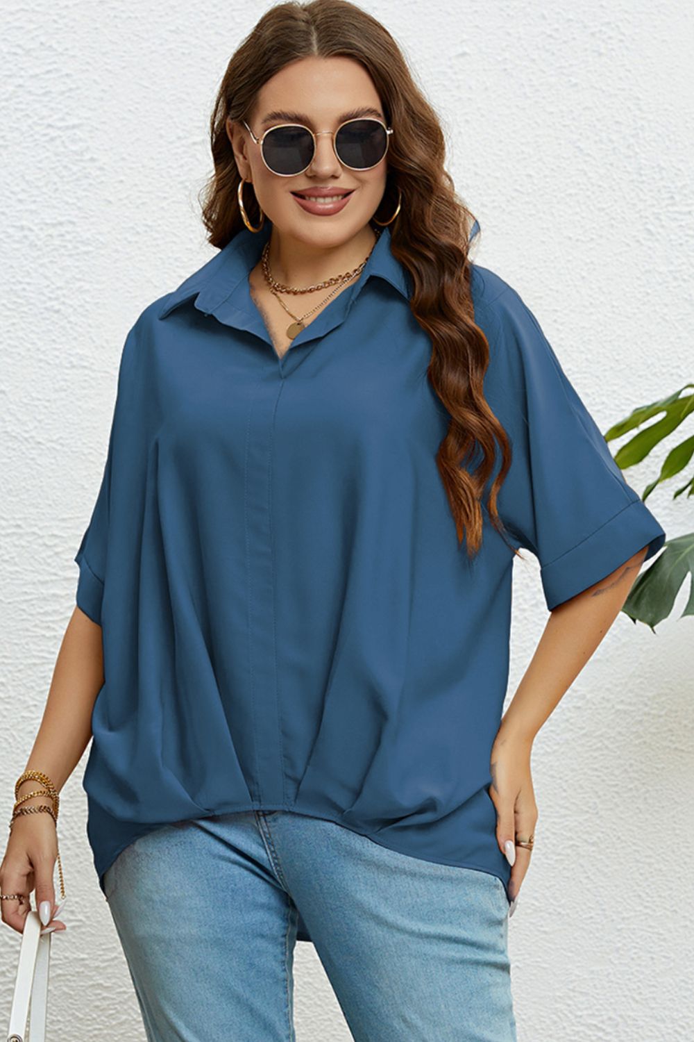 Plus Size Collared Half Sleeve Hem Detail Top