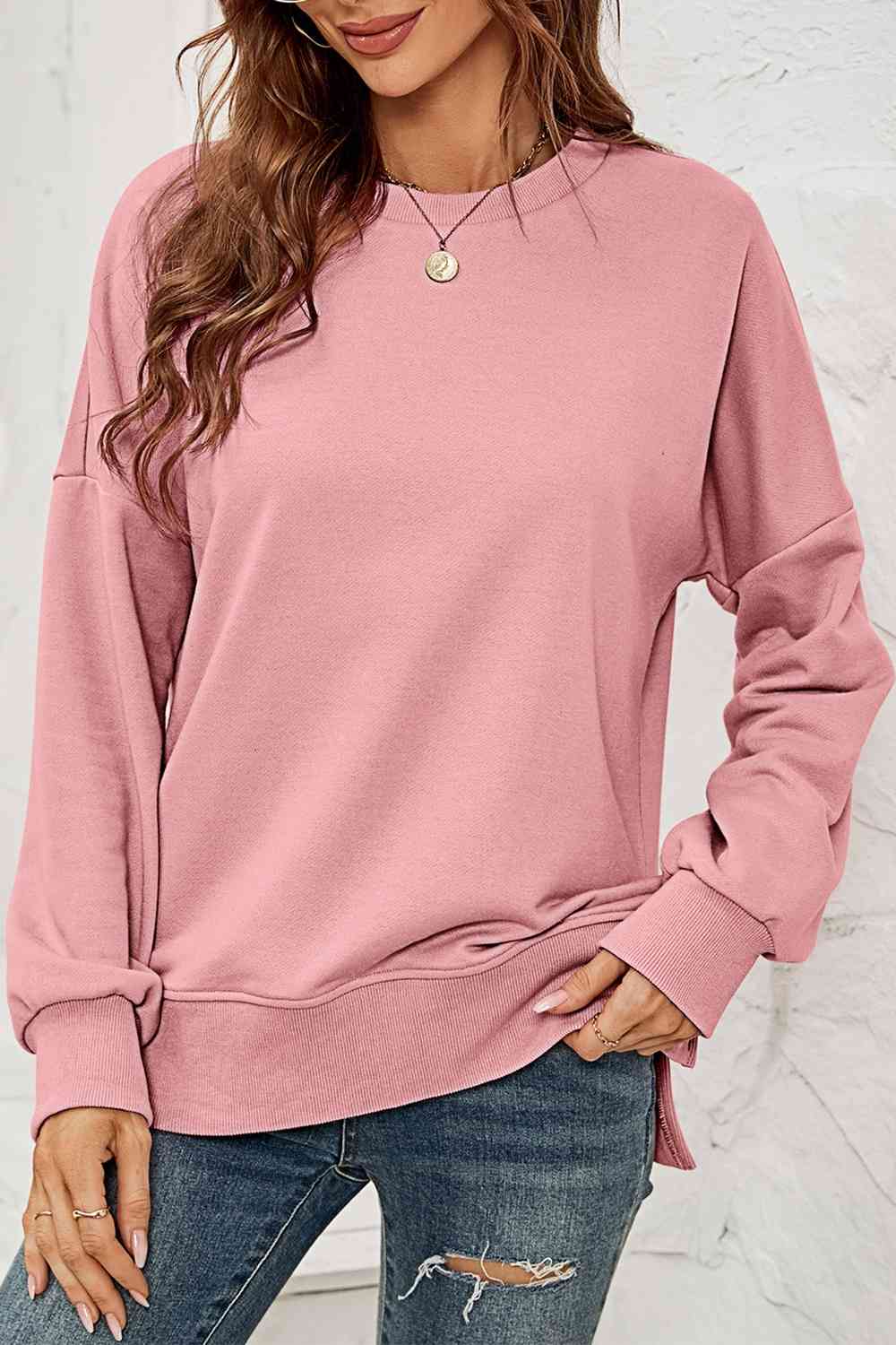 Round Neck  Dropped Shoulder Slit Sweatshirt