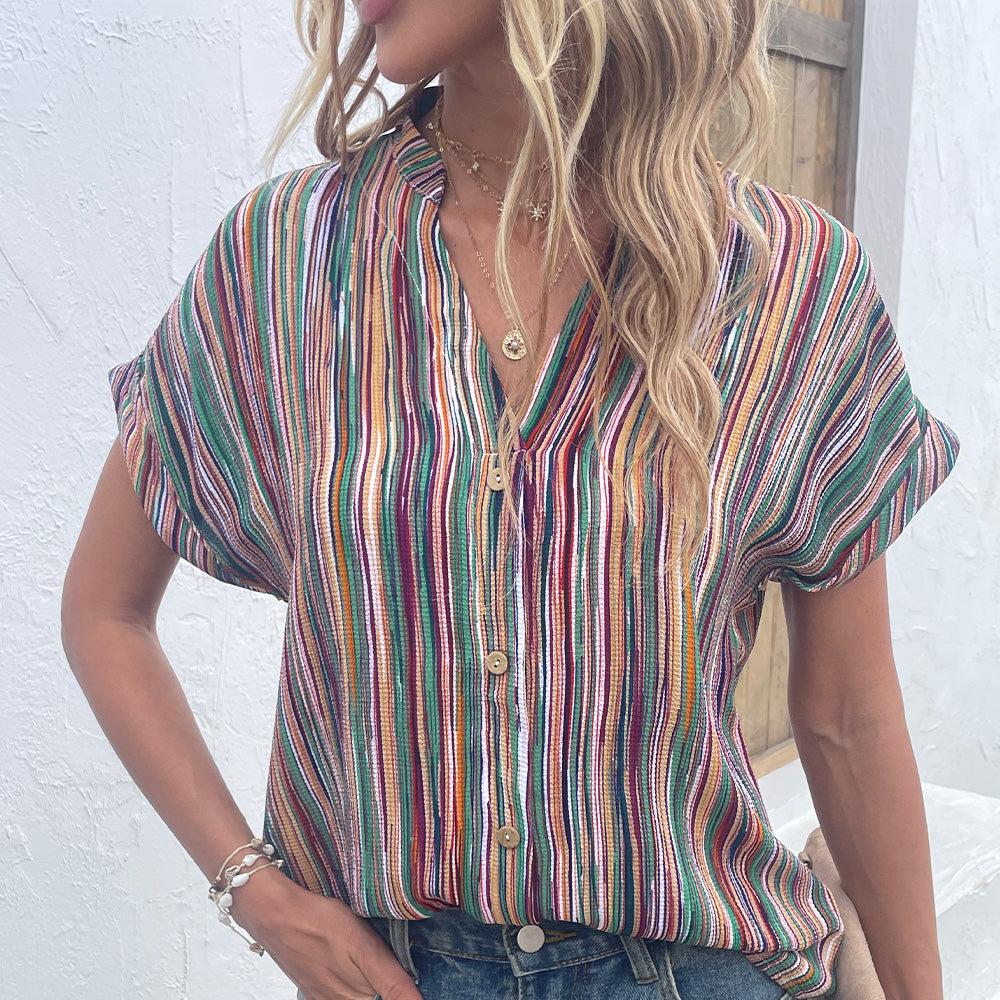 Multicolored Stripe Notched Neck Top