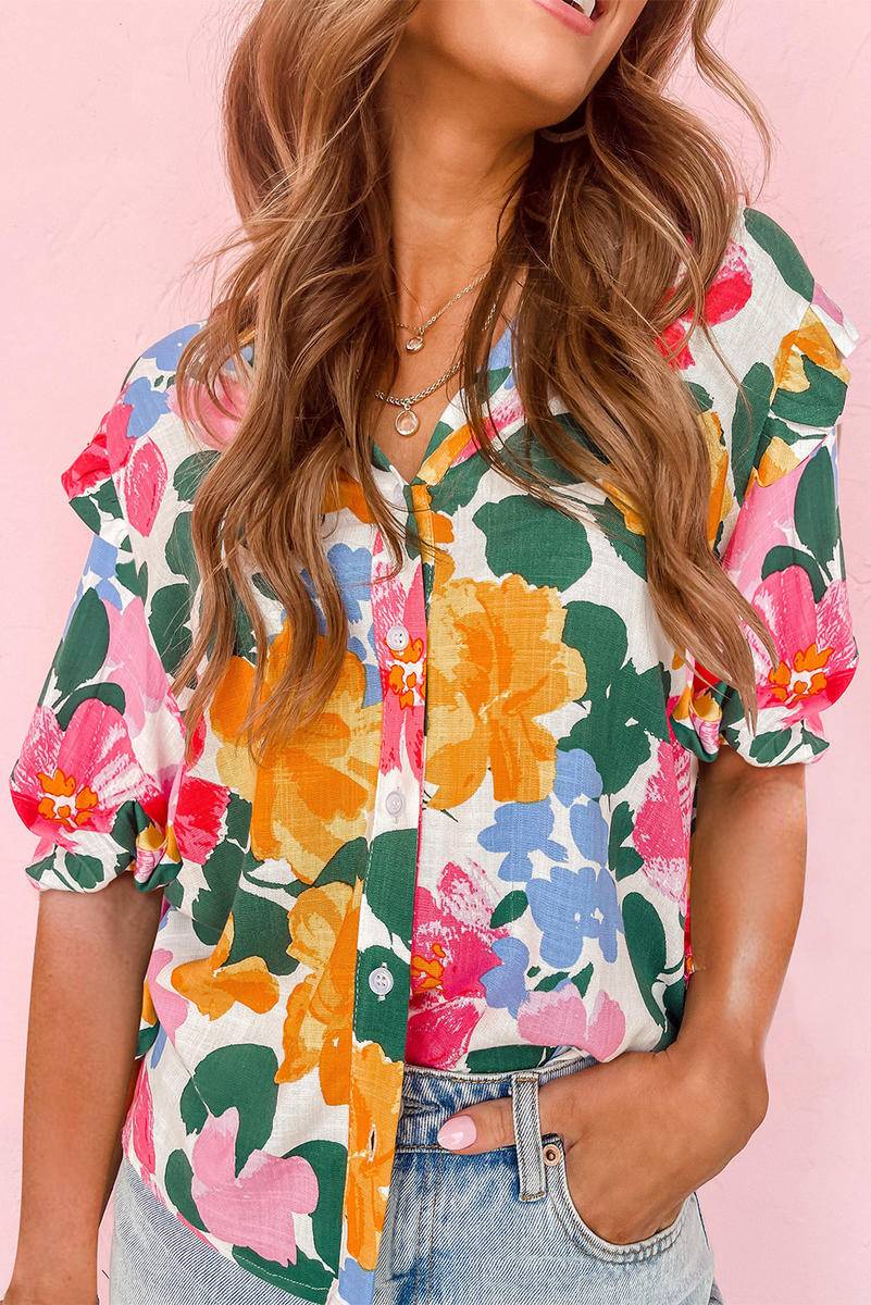 Floral Print Ruffle Trim Puff Sleeve Shirt