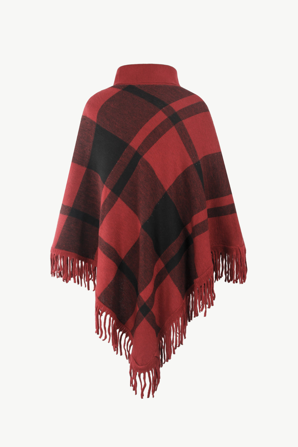 Plaid Turtleneck Fringe Hem Poncho