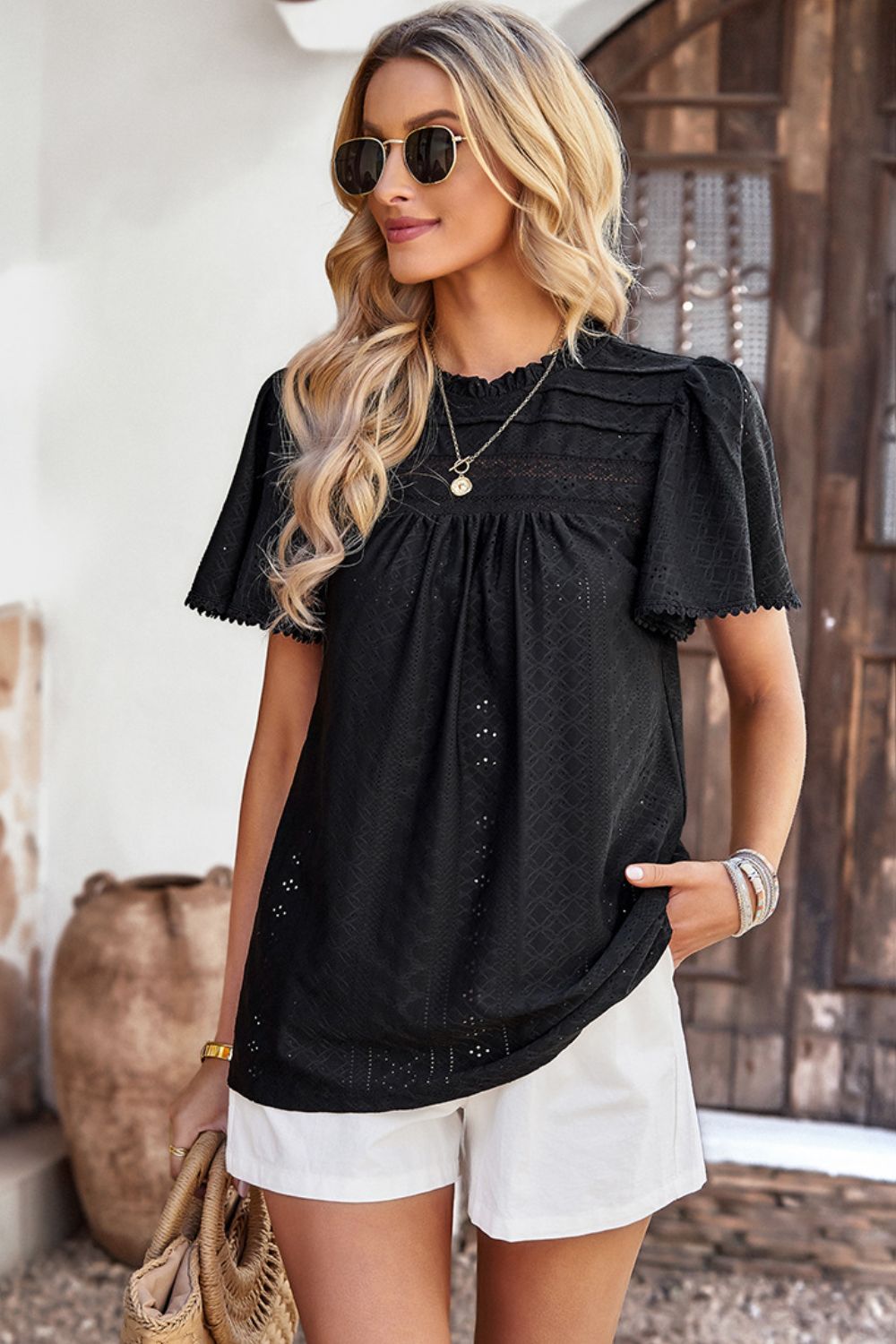 Frill Trim Round Neck Eyelet Puff Sleeve Blouse