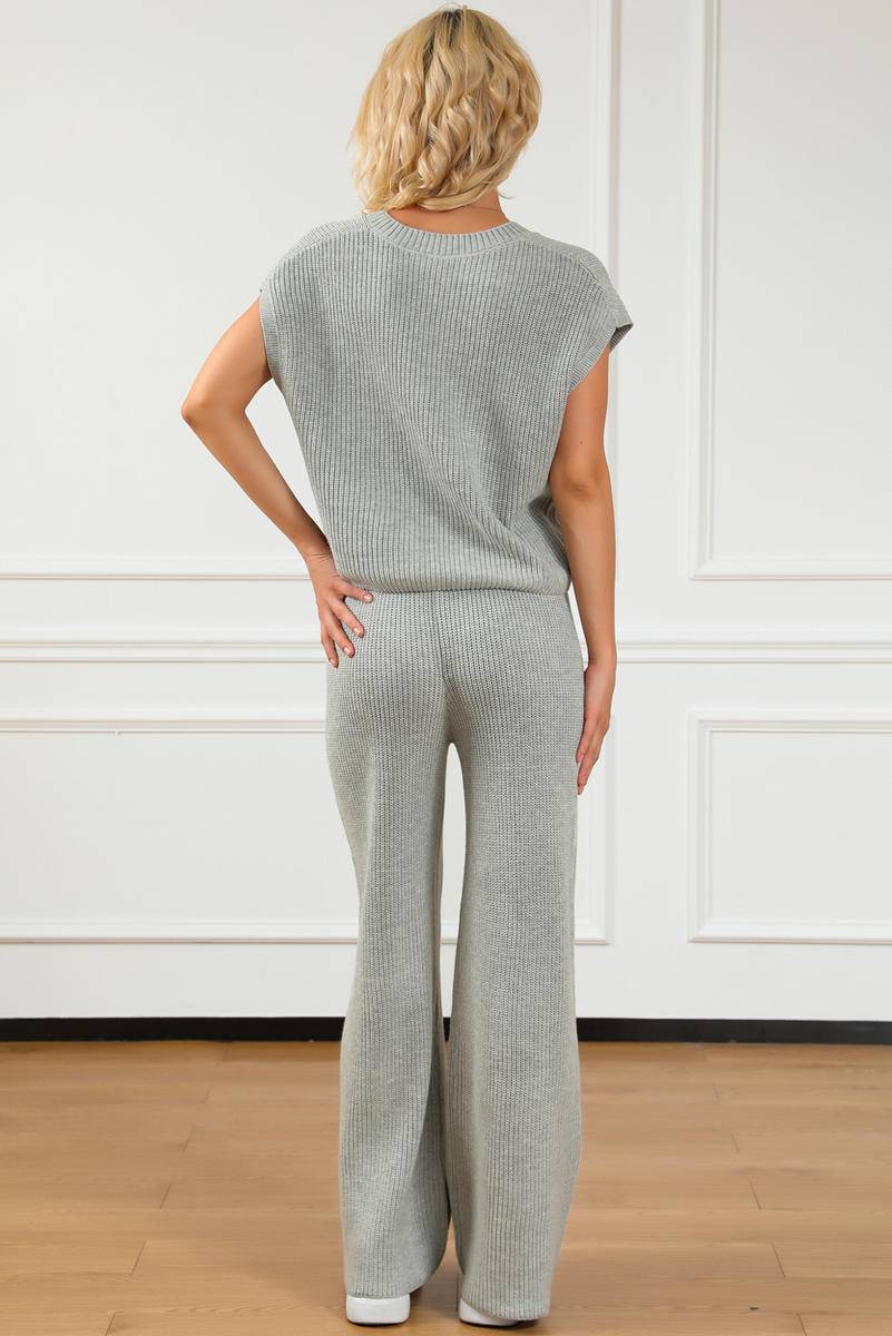 Knitted V Neck Sweater And Casual Pants Set (Without Belt)