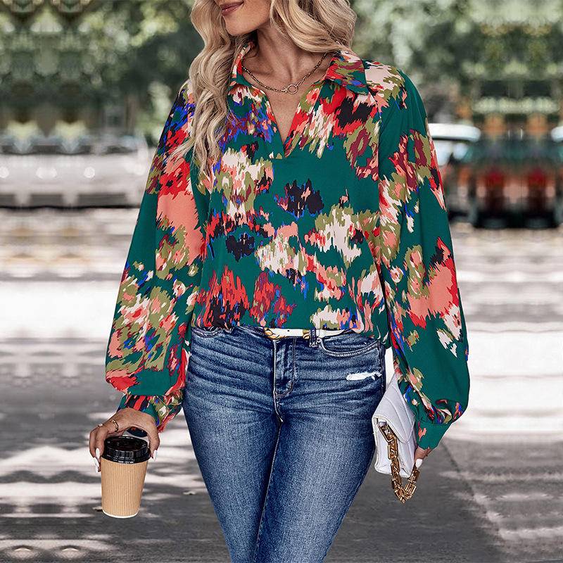 Abstract Print Notched Neck Balloon Sleeve Blouse