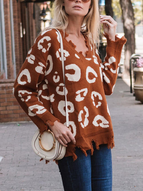 Leopard Frayed Hem Long Sleeve Sweater