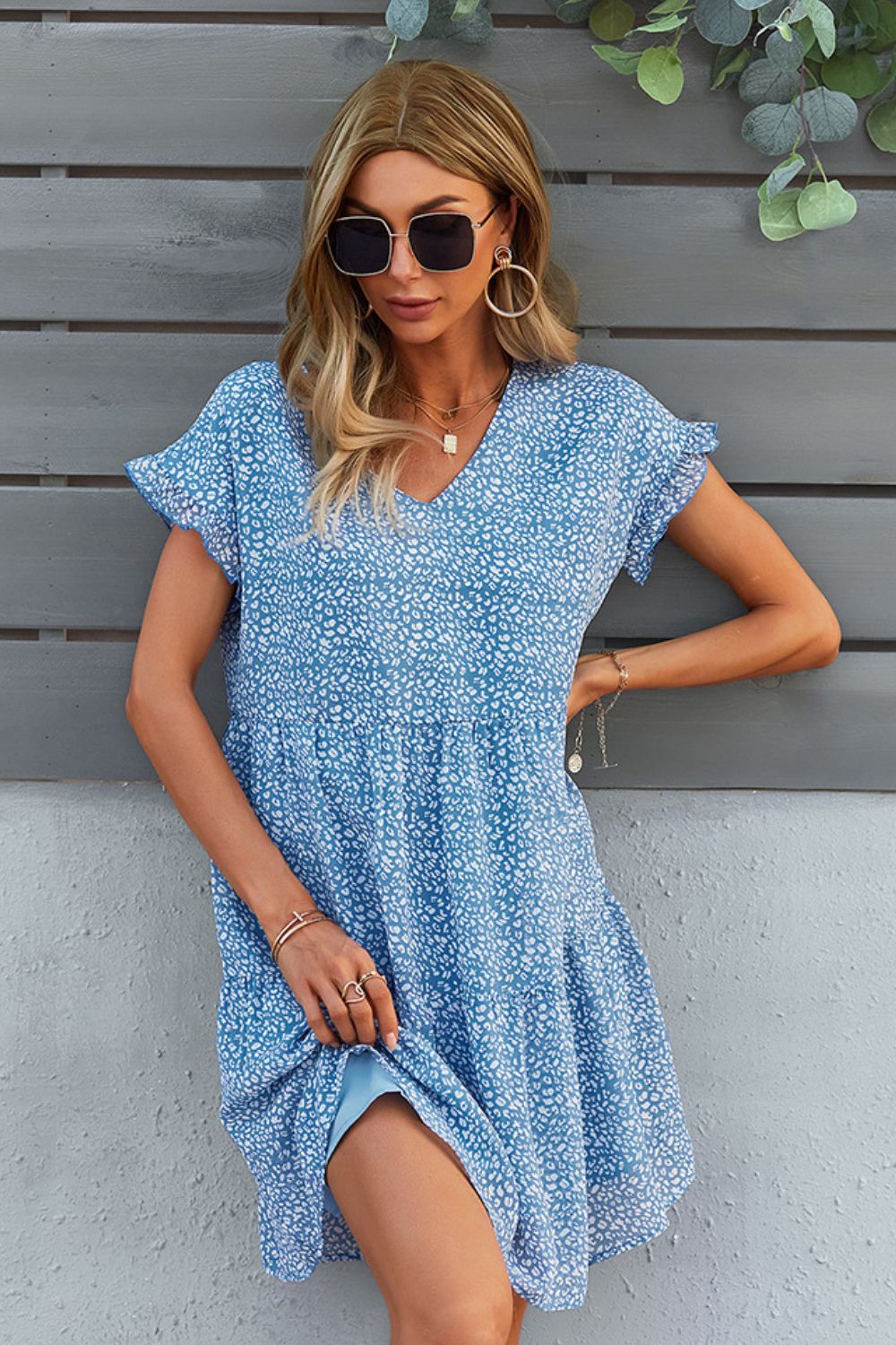 Printed V-Neck Short Sleeve Tiered Dress