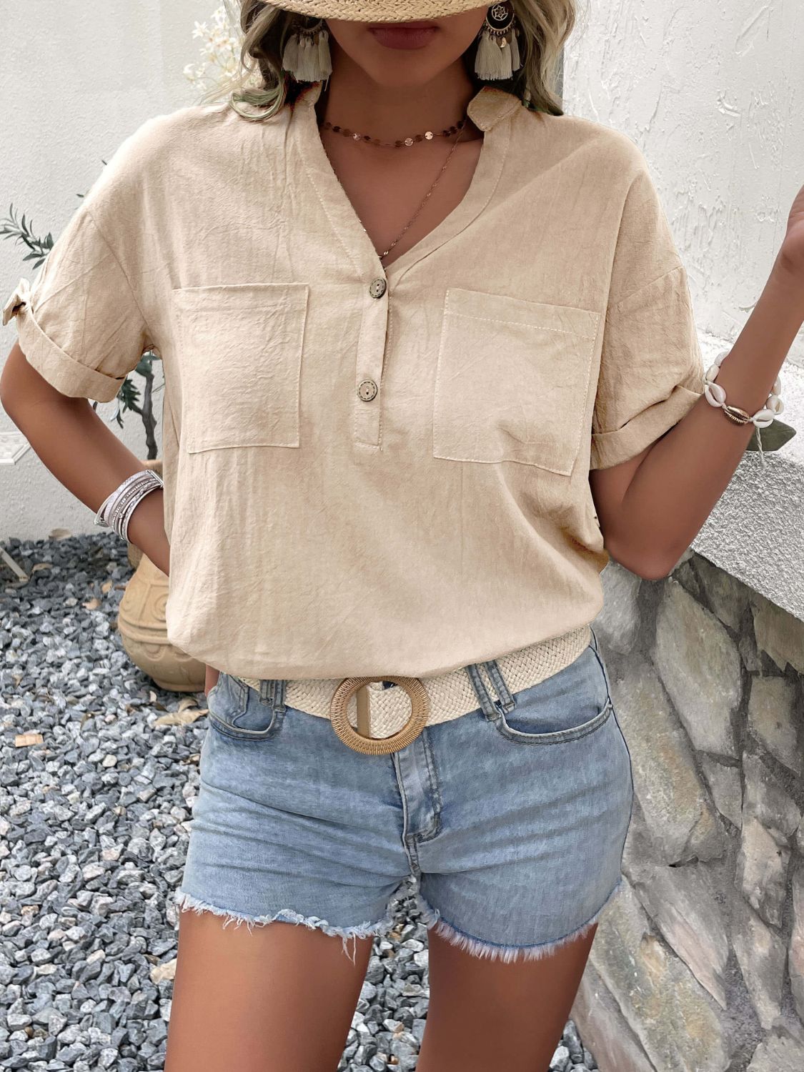 Buttoned Notched Neck Cuffed Sleeve Blouse