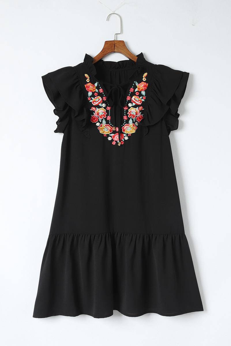 Floral Embroidered Ruffle Sleeve Mini Dress