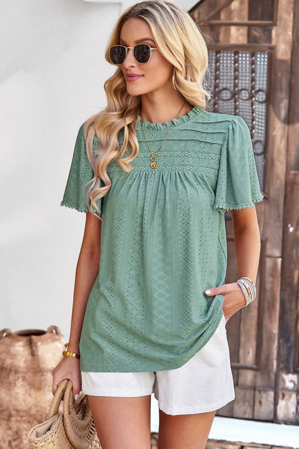 Frill Trim Round Neck Eyelet Puff Sleeve Blouse