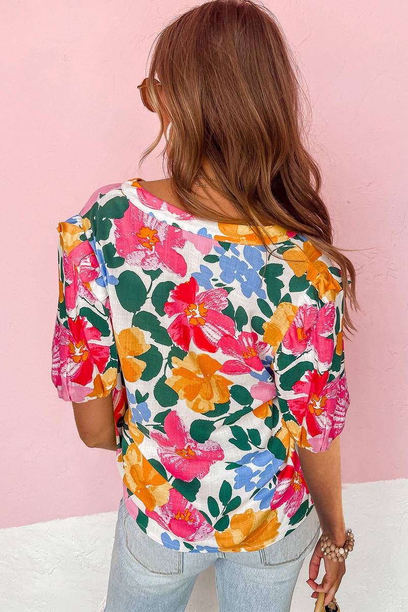 Floral Print Ruffle Trim Puff Sleeve Shirt