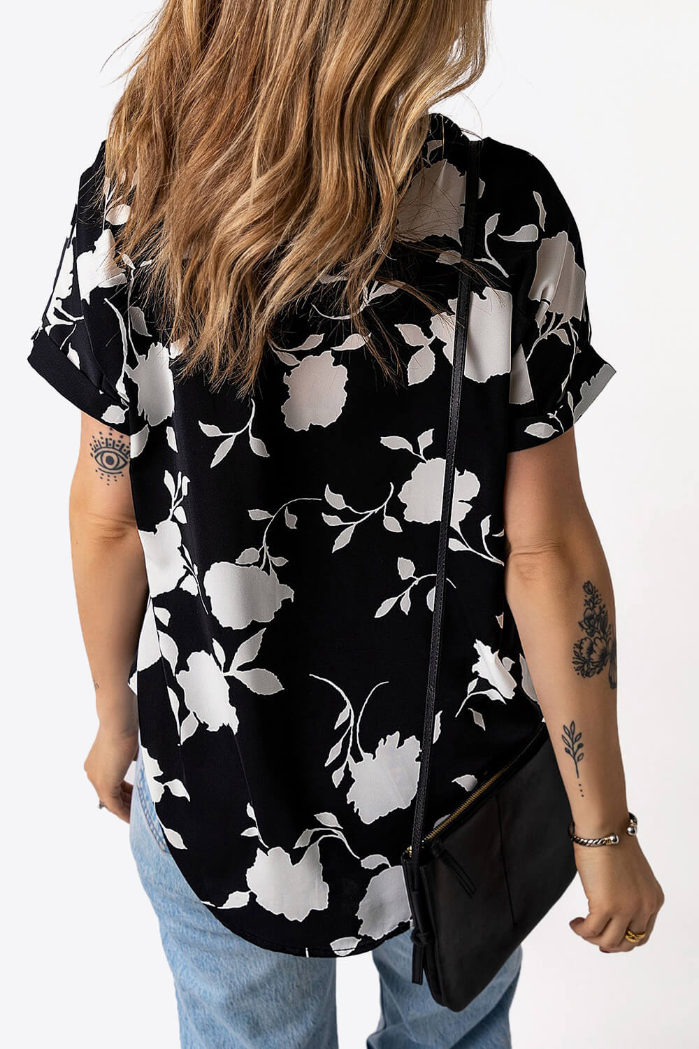 Floral Notched Neck Cuffed Short Sleeve Blouse