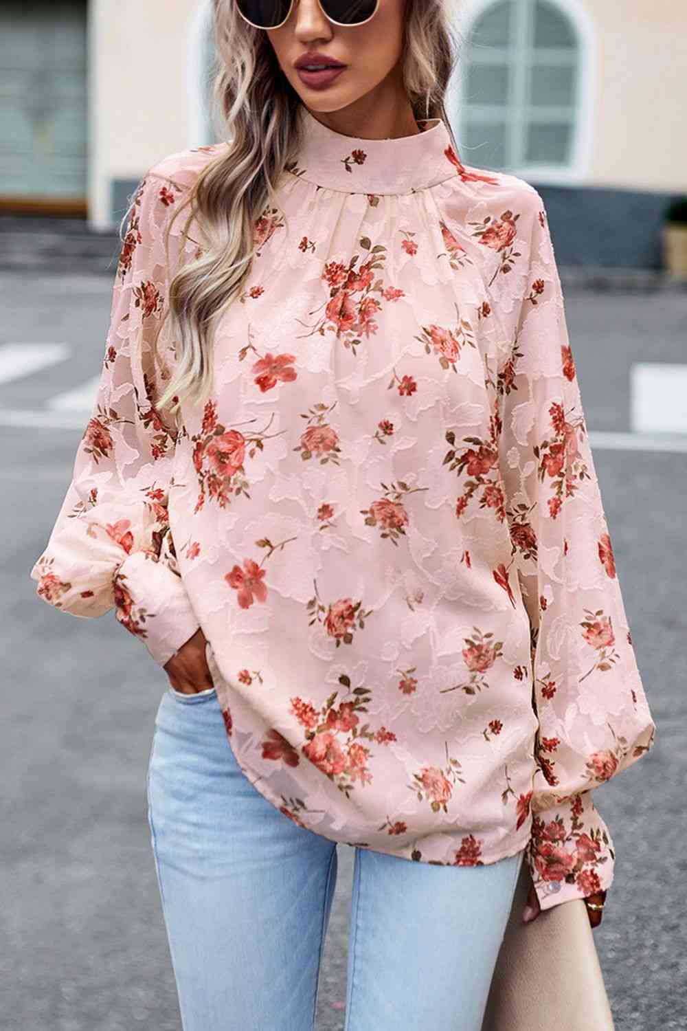 Floral Print Mock Neck Lantern Sleeve Blouse