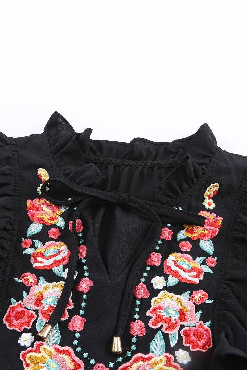 Floral Embroidered Ruffle Sleeve Mini Dress