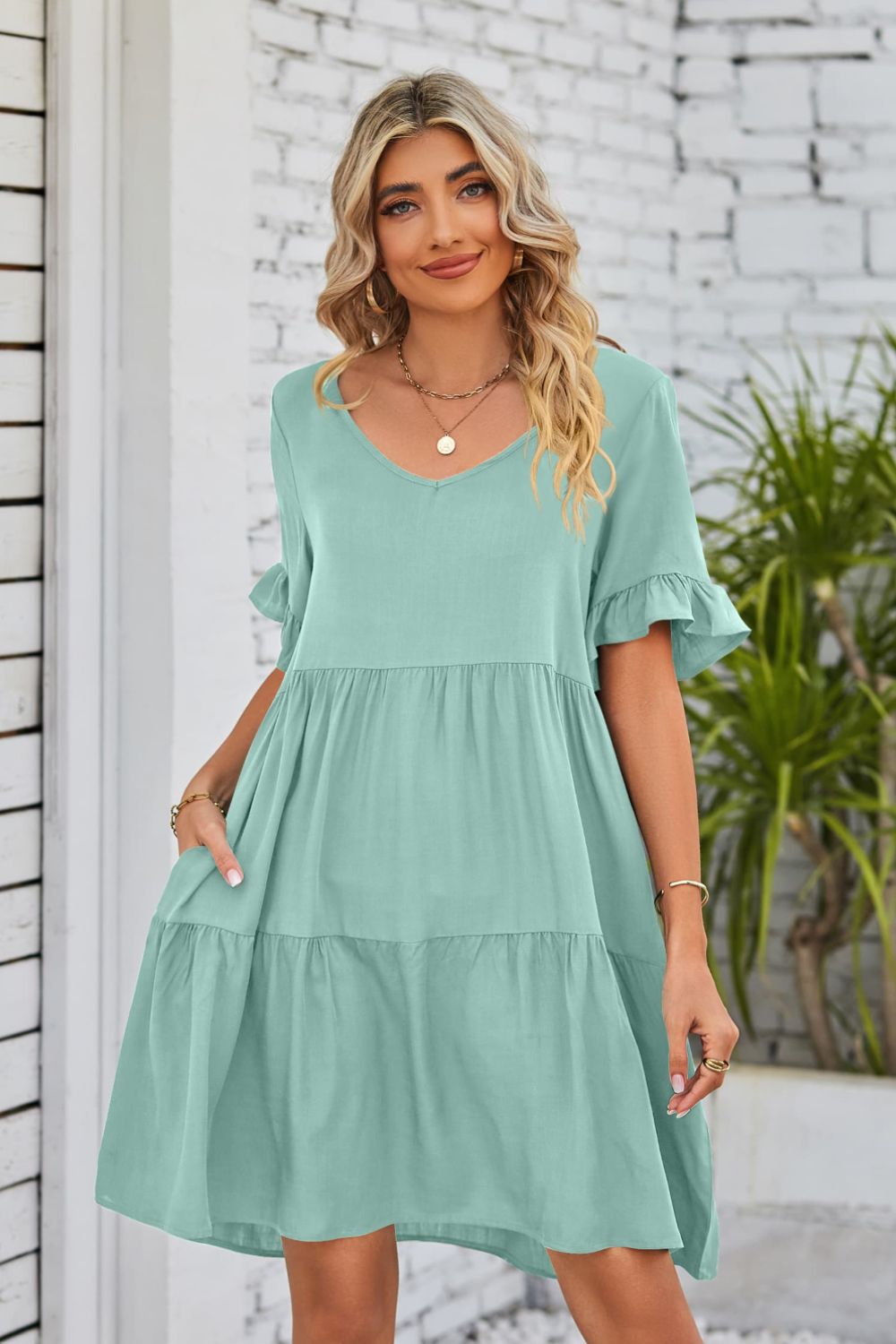 Solid V-Neck Elastic Detail Sleeve Tiered Dress – Riah Fashion