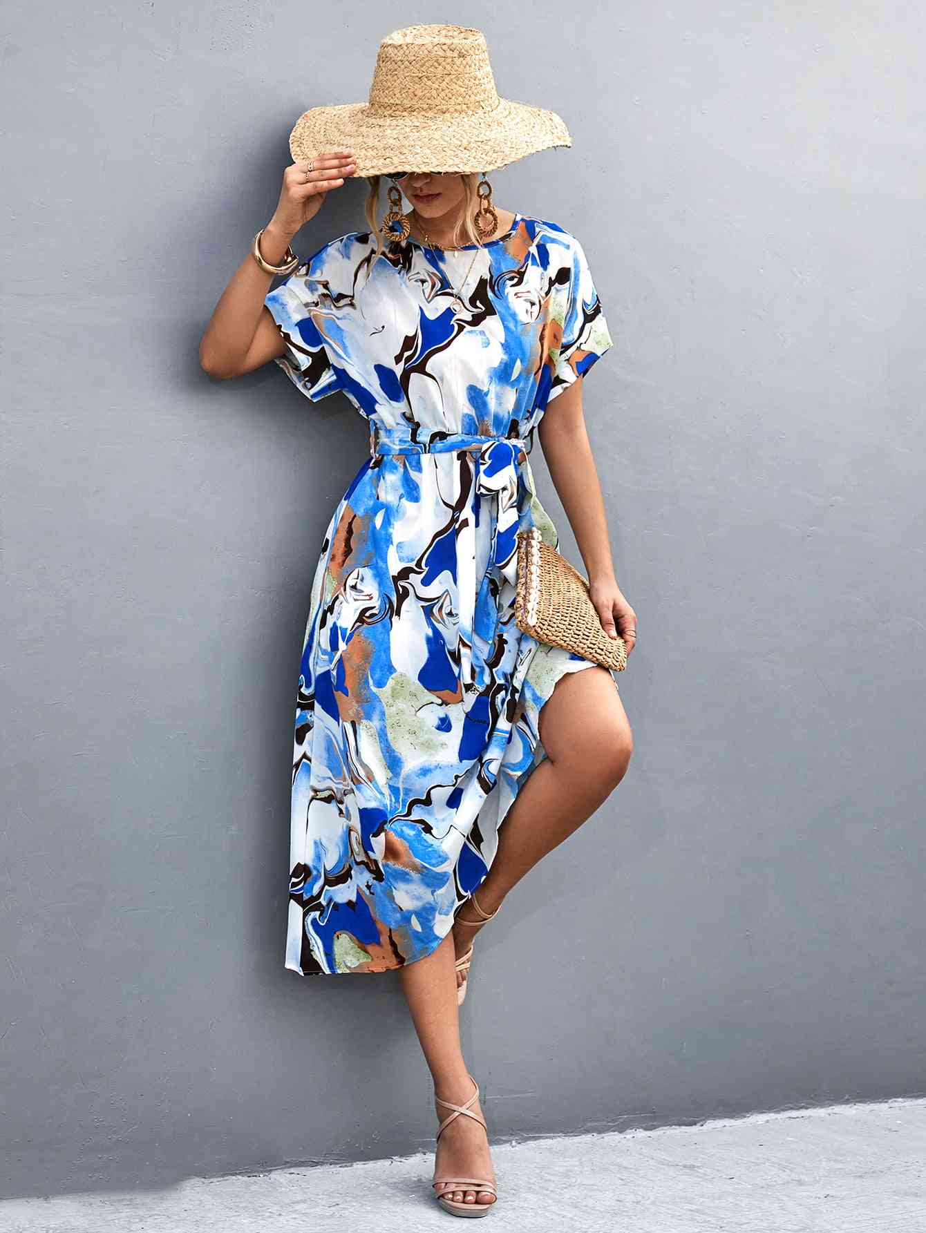 Round Neck Short Sleeve Tie Waist Midi Dress