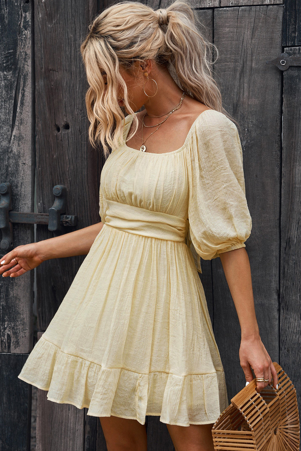 Tie-Back Ruffled Hem Square Neck Mini Dress