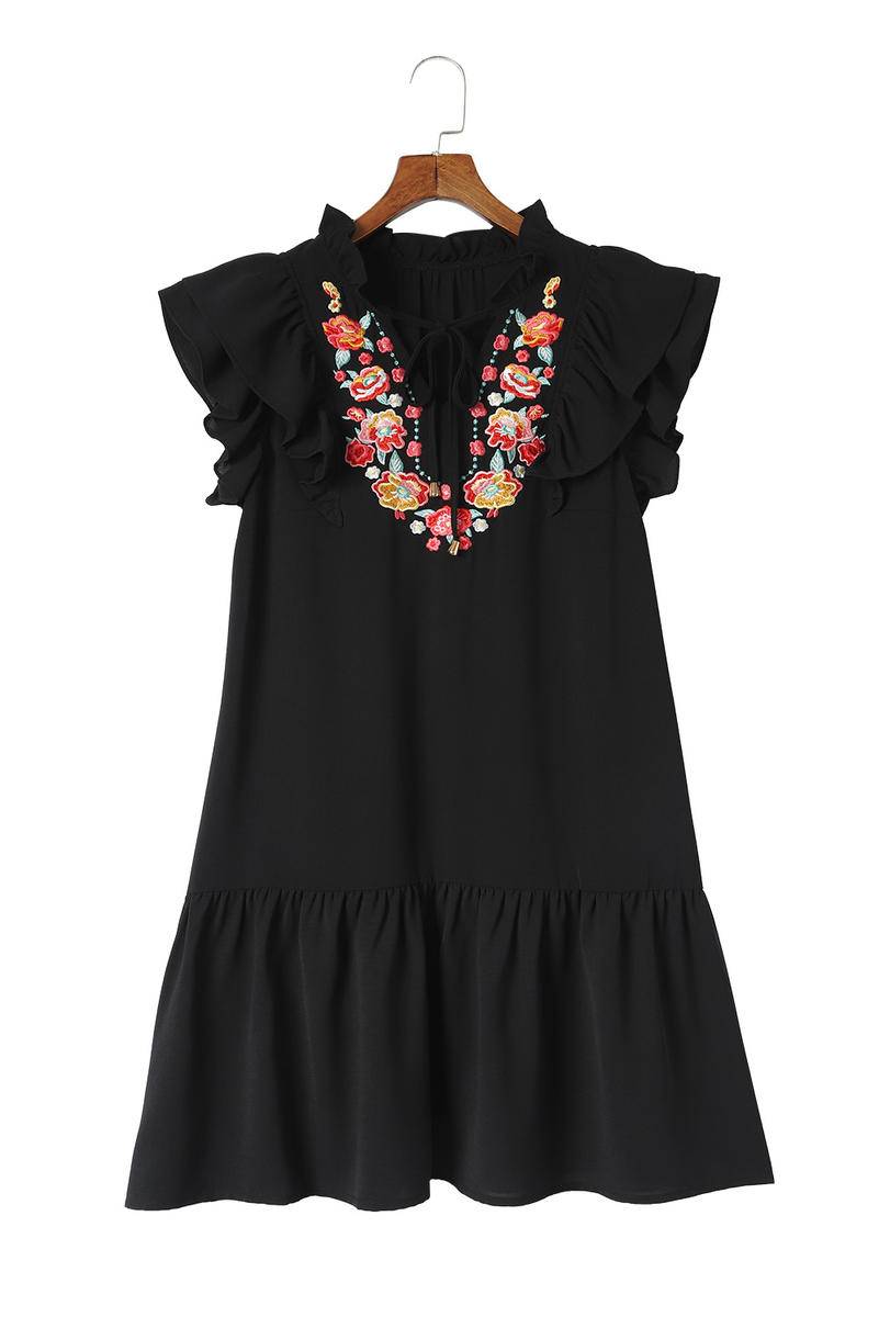 Floral Embroidered Ruffle Sleeve Mini Dress