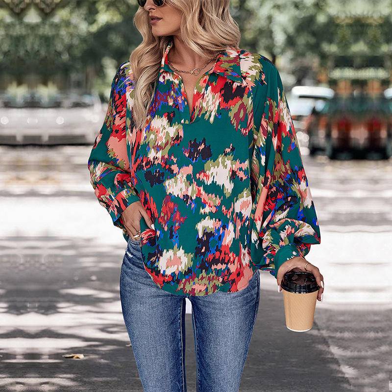 Abstract Print Notched Neck Balloon Sleeve Blouse