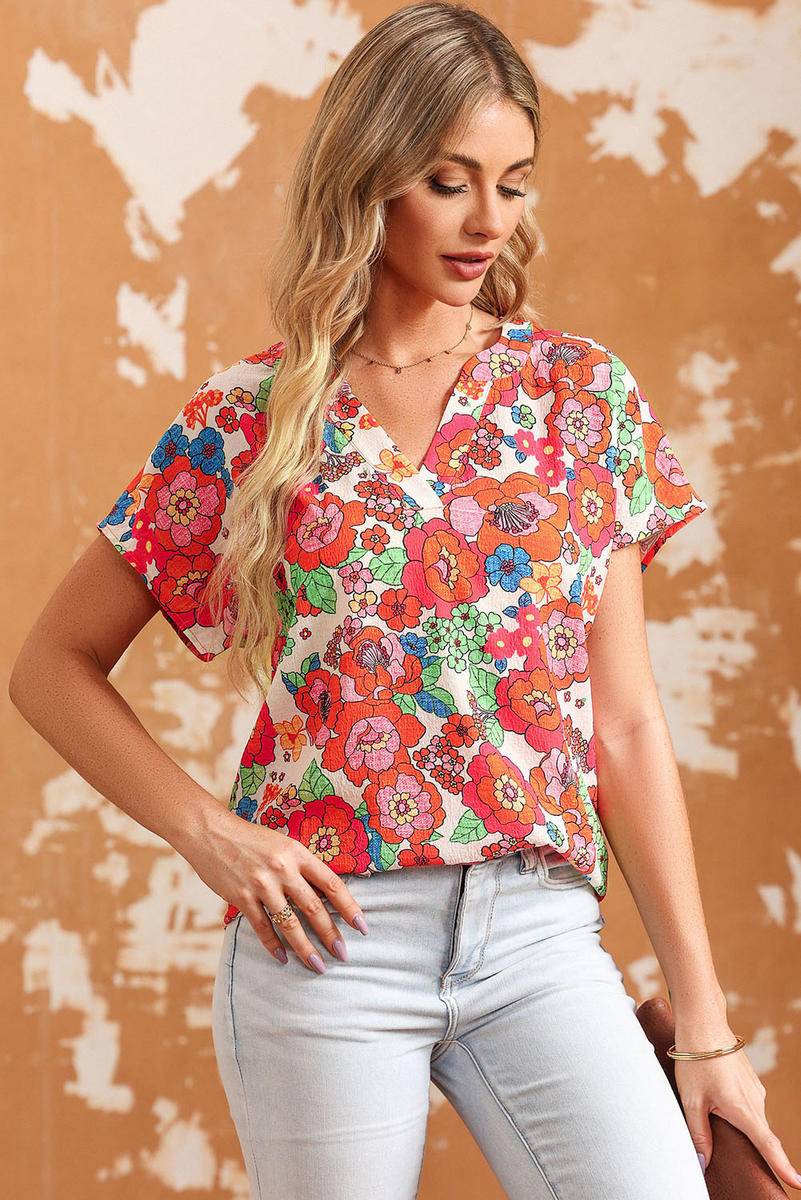 Floral Split Neck Short Sleeve Top