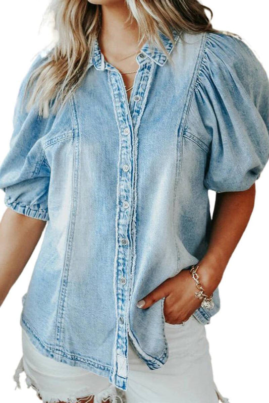 Distressed Bubble Sleeve Denim Shirt