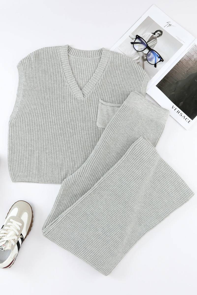 Knitted V Neck Sweater And Casual Pants Set (Without Belt)