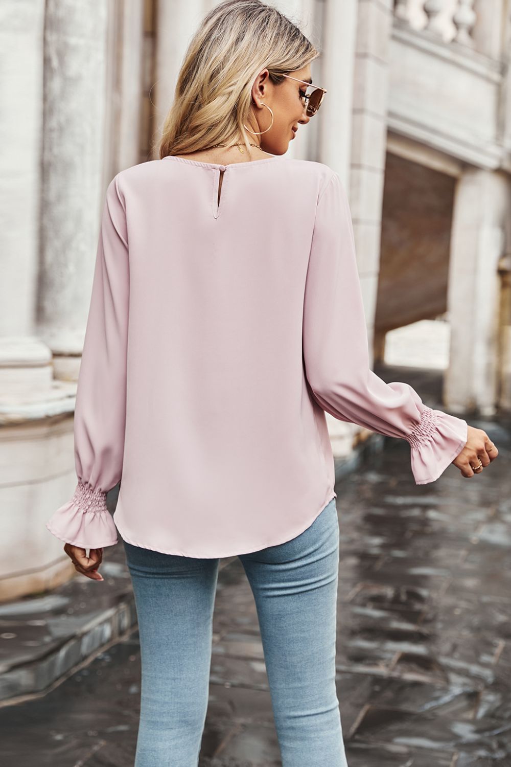 Round Neck Long Flounce Sleeve Blouse