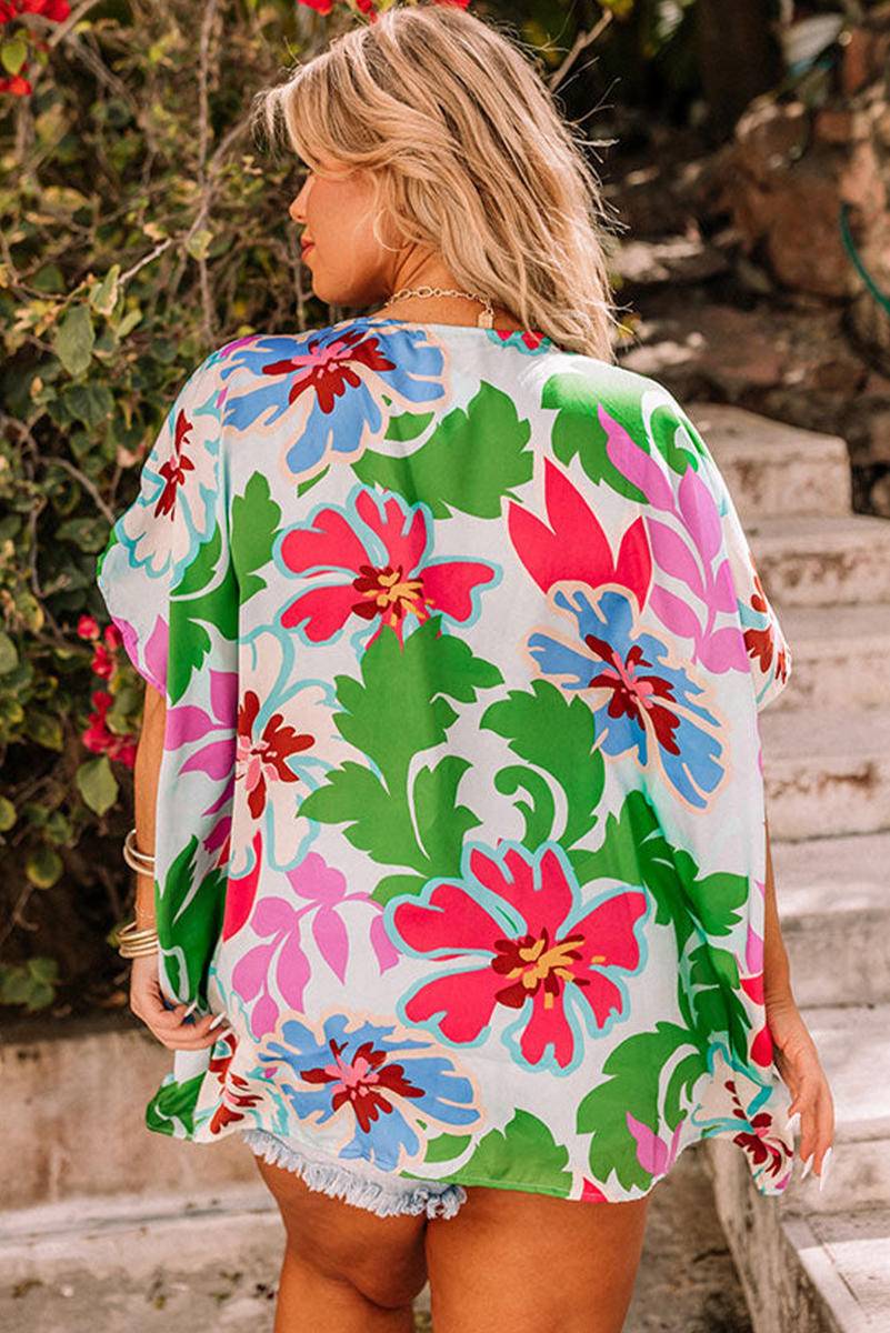 Floral Print Faux Wrap Plus Size Blouse