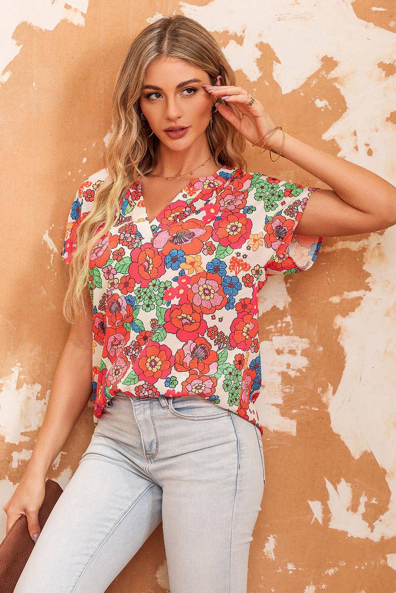 Floral Split Neck Short Sleeve Top