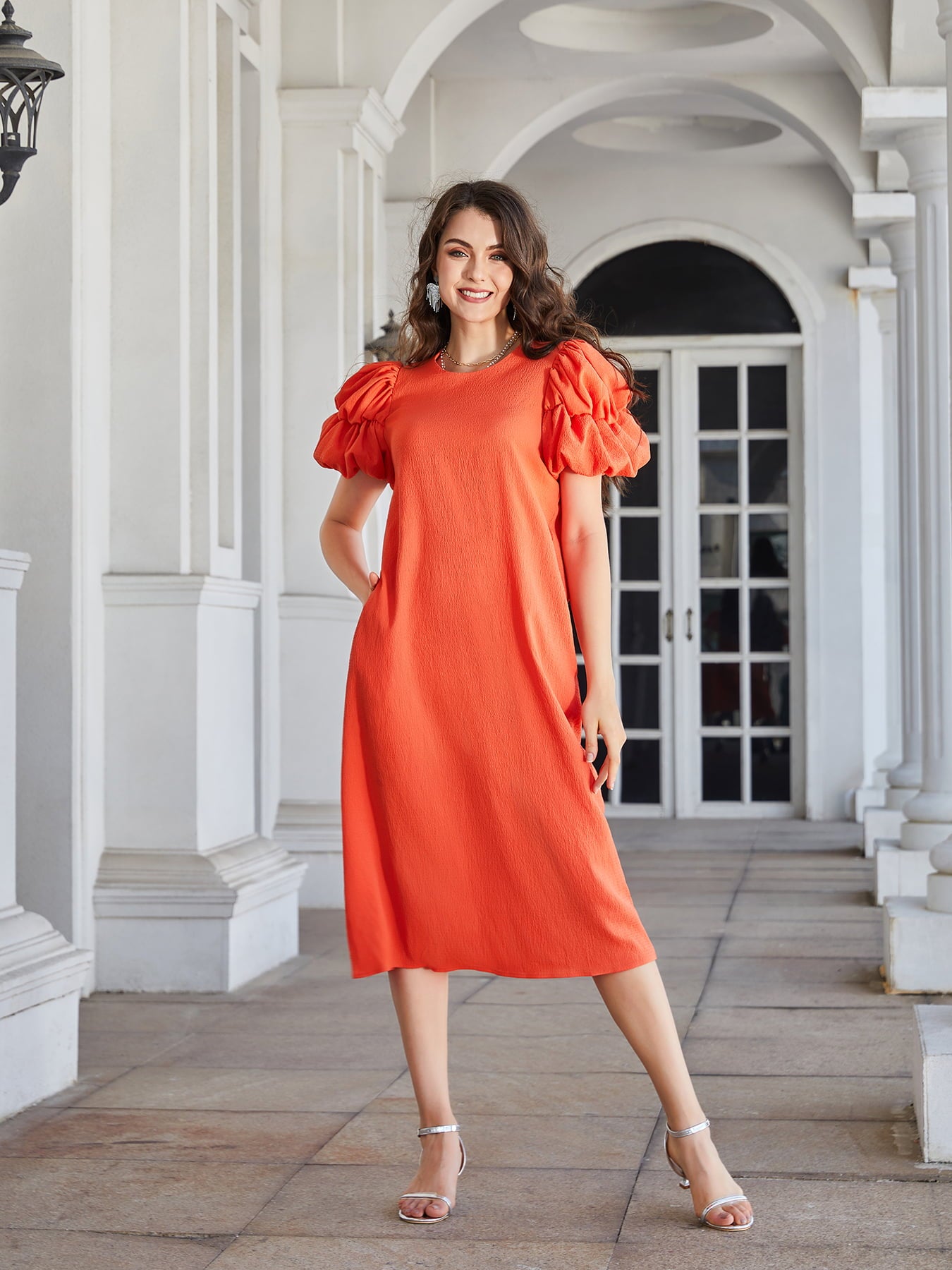 Round Neck Bubble Sleeve Straight Hem Midi Dress