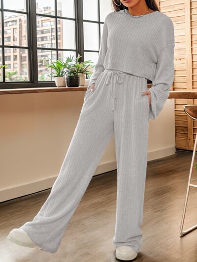 Ribbed Round Neck Top and Drawstring Pants Set