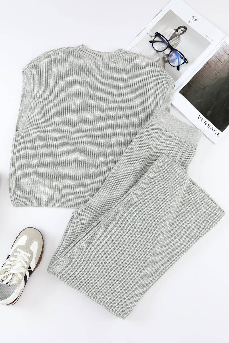 Knitted V Neck Sweater And Casual Pants Set (Without Belt)