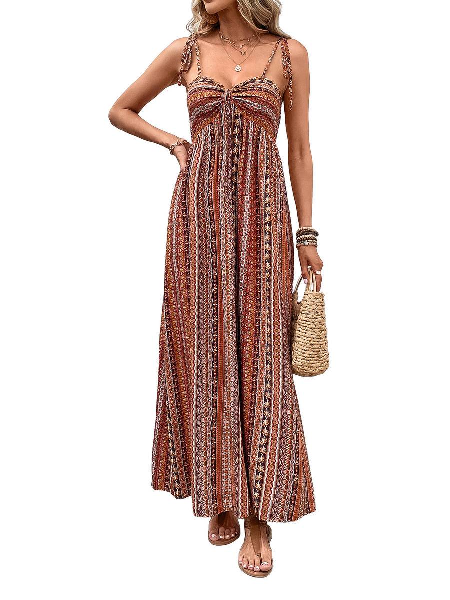 Boho All-Over Print Tie Strap Cami Maxi Dress