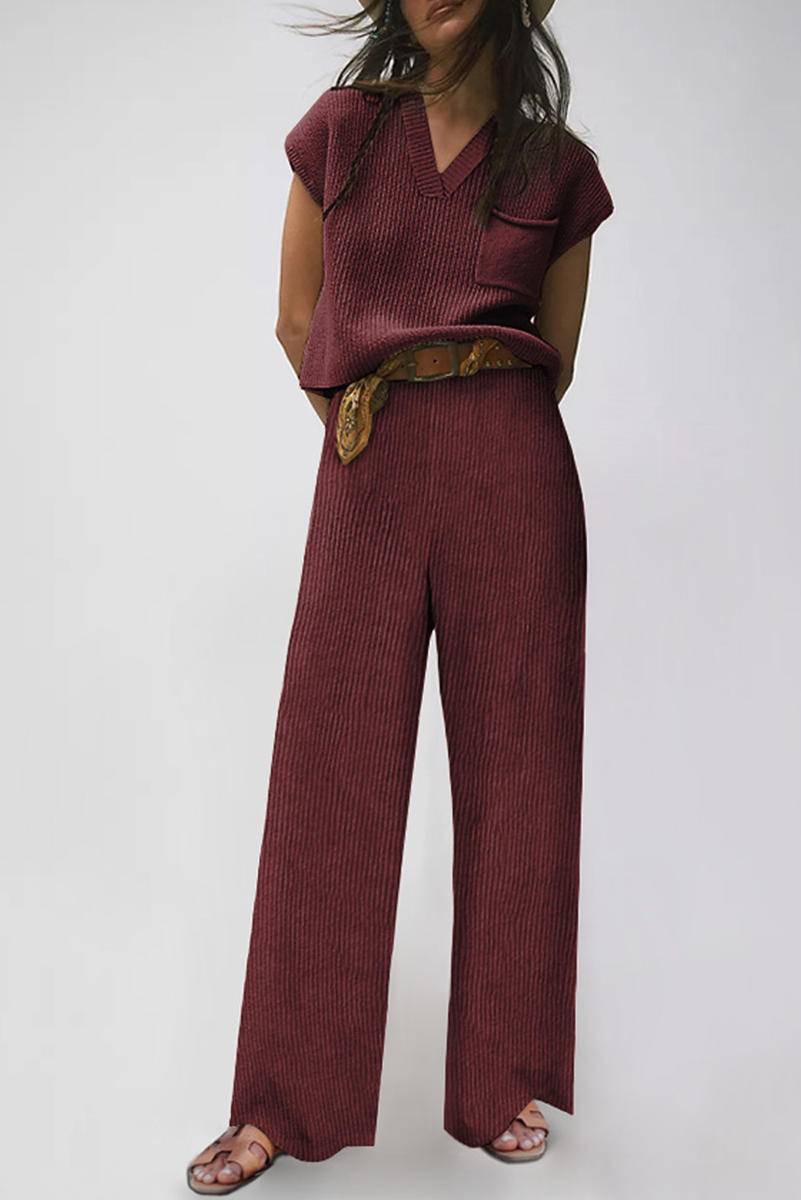 Knitted V Neck Sweater And Casual Pants Set (Without Belt)