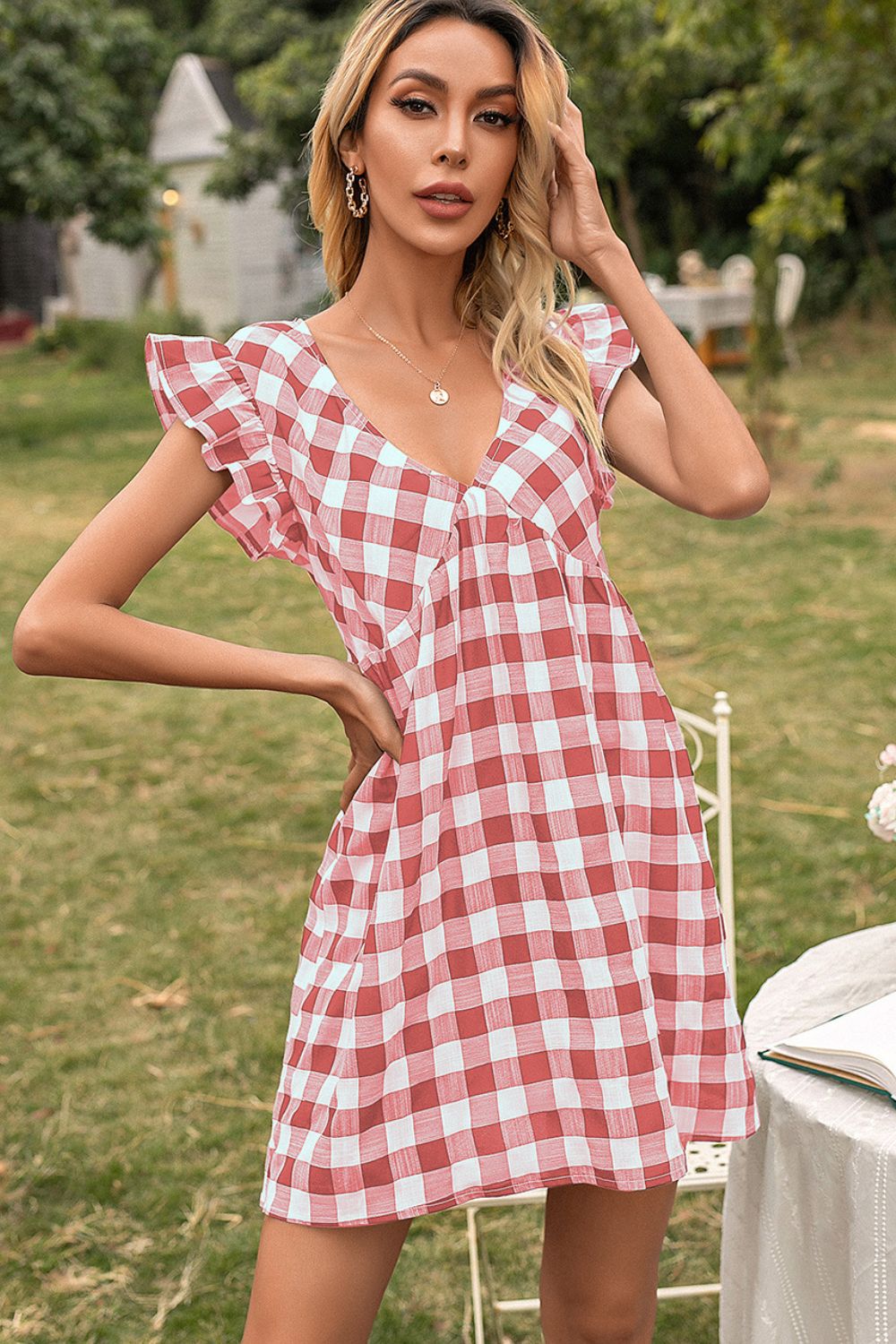 Plaid Butterfly Sleeve Deep V Dress