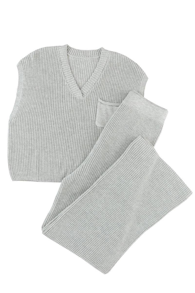 Knitted V Neck Sweater And Casual Pants Set (Without Belt)