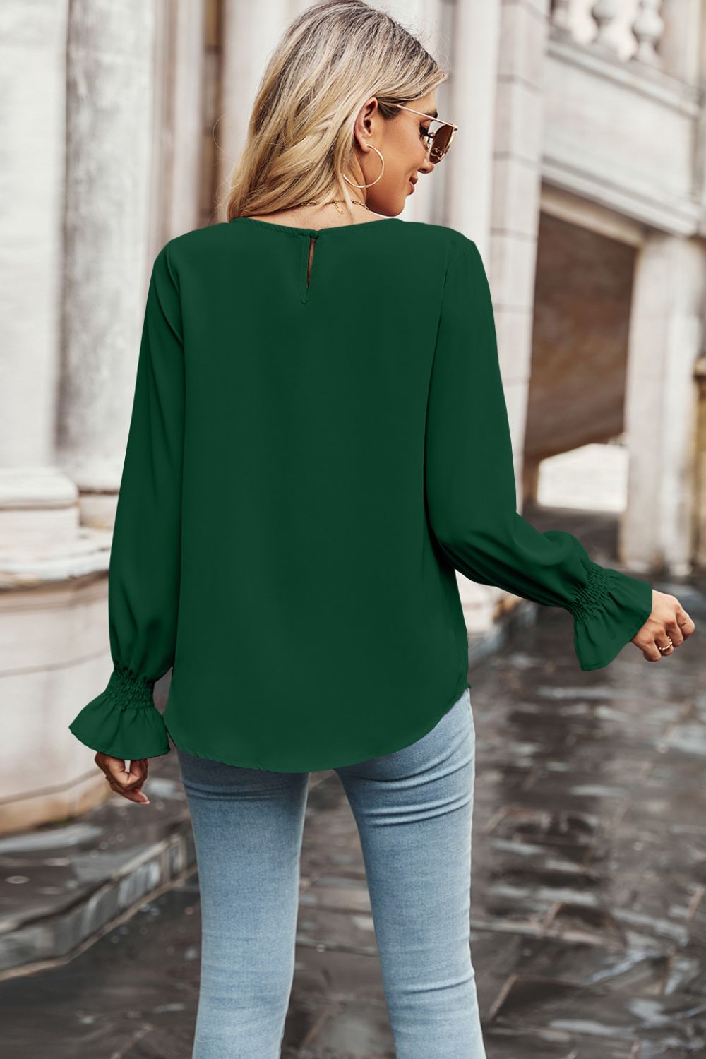 Round Neck Long Flounce Sleeve Blouse