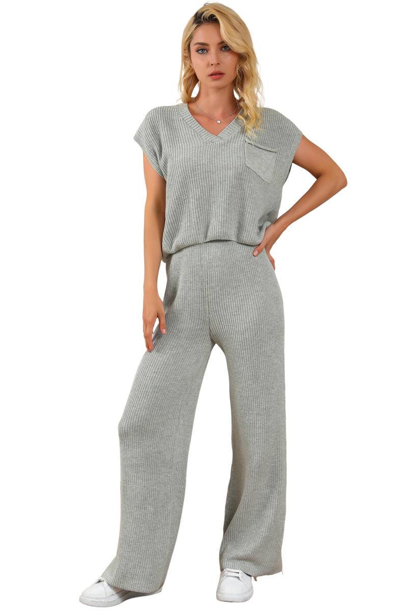 Knitted V Neck Sweater And Casual Pants Set (Without Belt)