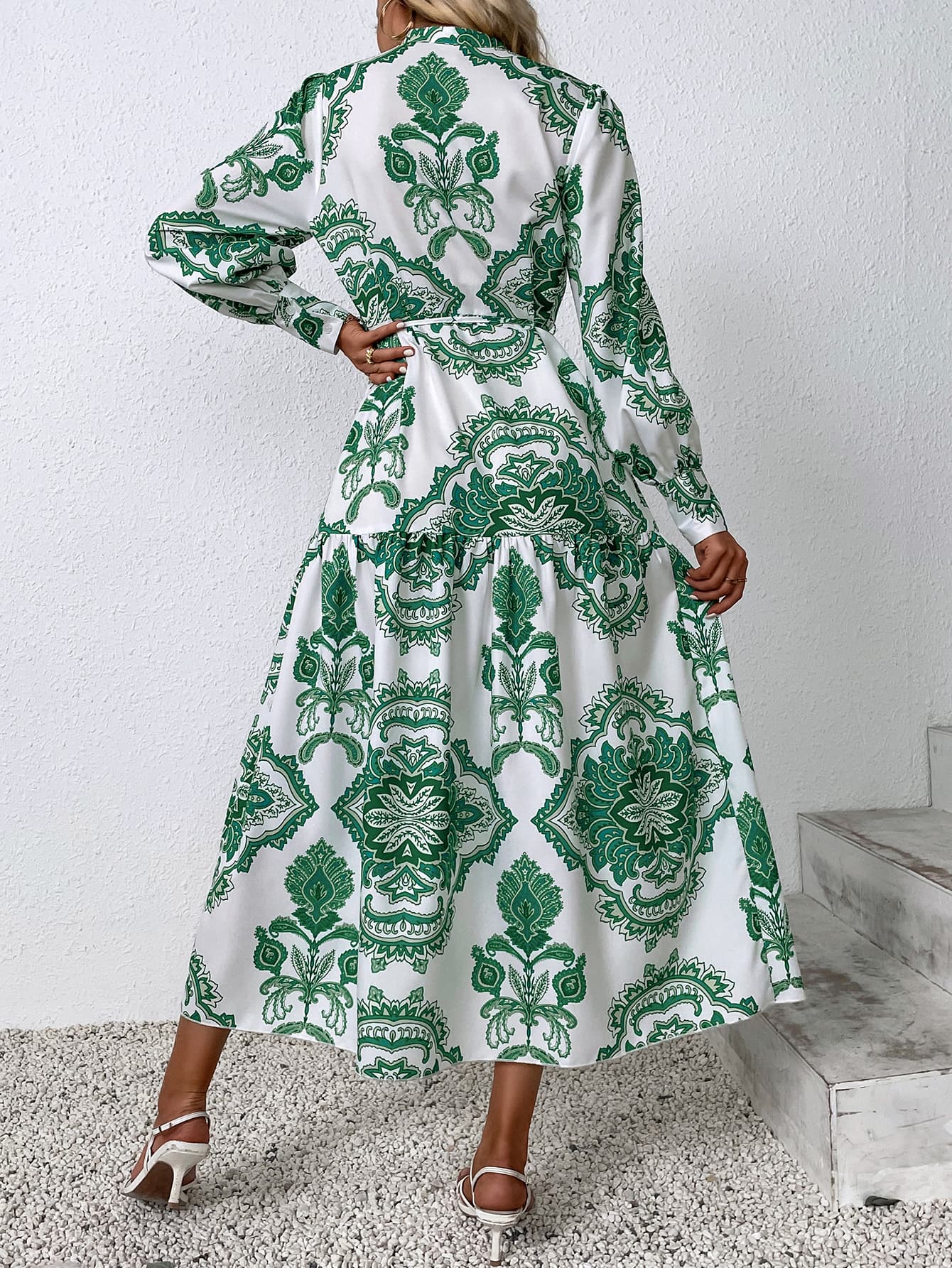 Printed Tie Waist Notched Neck Midi Dress