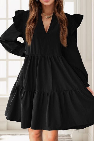 Ruffled V-Neck Long Sleeve Mini Dress