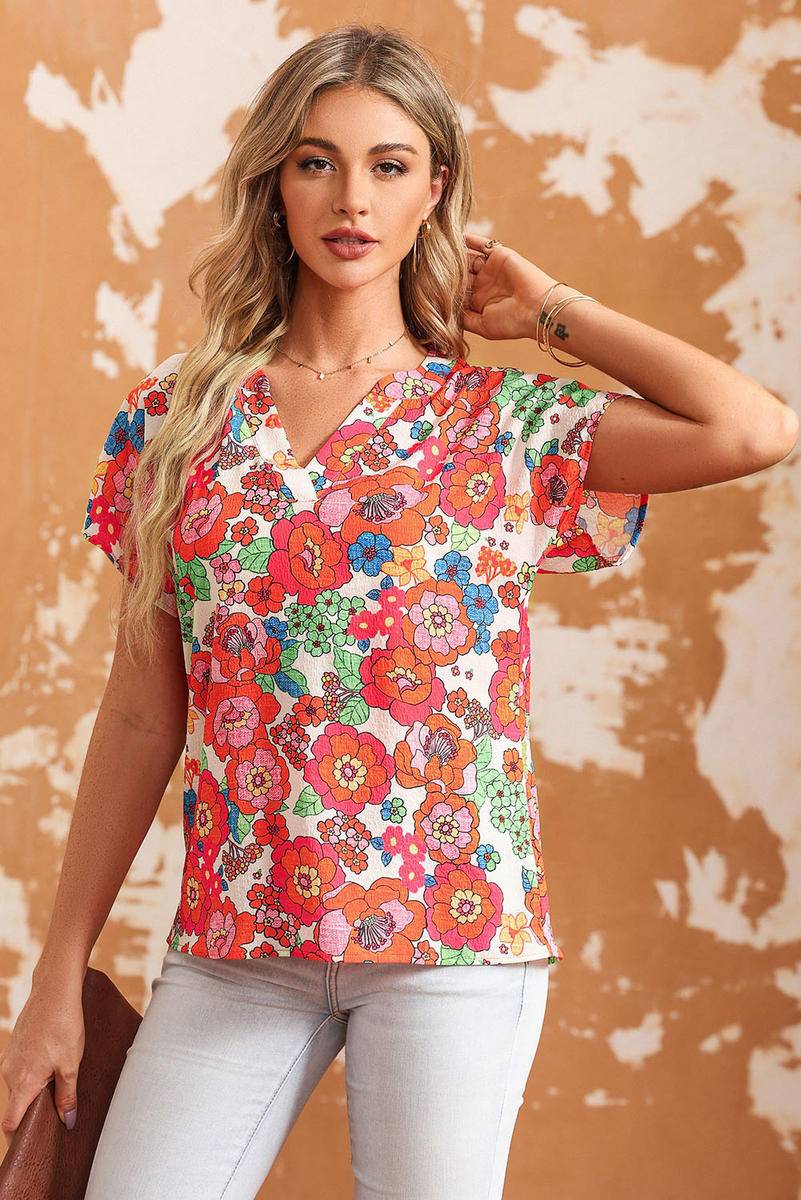 Floral Split Neck Short Sleeve Top